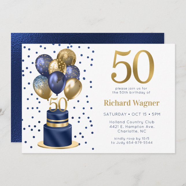 50th Birthday Navy Blue Balloon Cake Invitation (Front/Back)