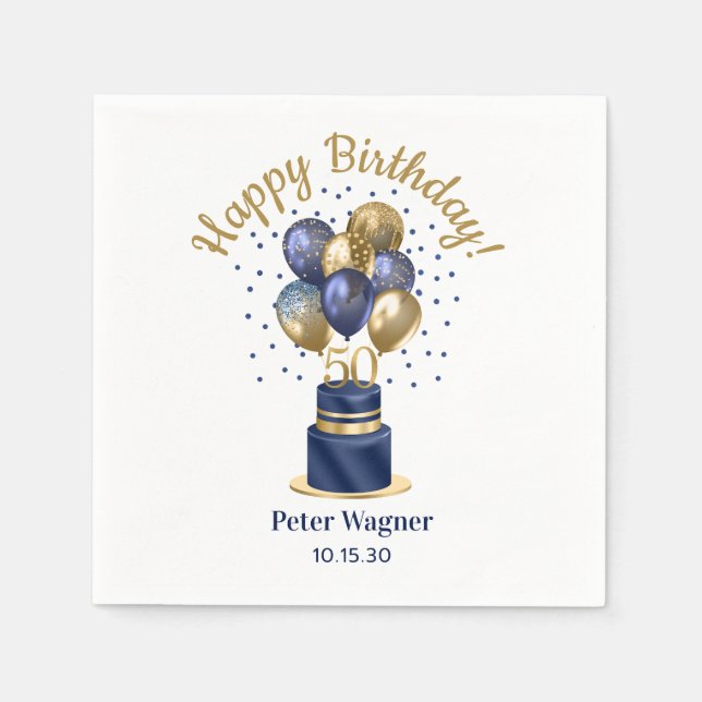 50th Birthday Navy Blue Balloon Cake Napkin (Front)