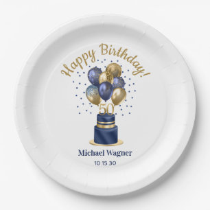50th Birthday Navy Blue Balloon Cake Paper Plate