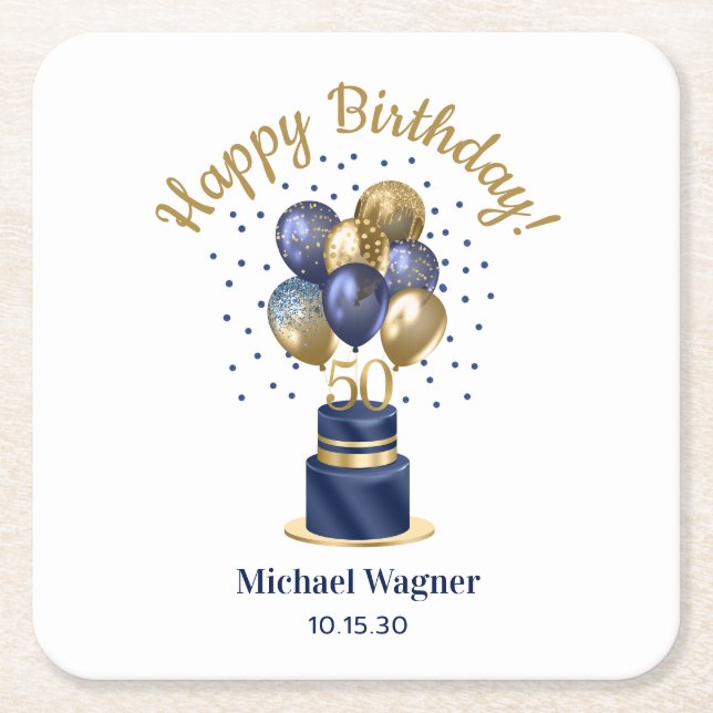 50th Birthday Navy Blue Balloon Cake Square Paper Coaster (Front)