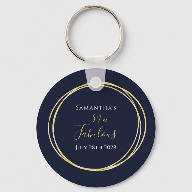 50th Birthday Navy Blue Gold Birthday Party Favour Key Ring (Front)