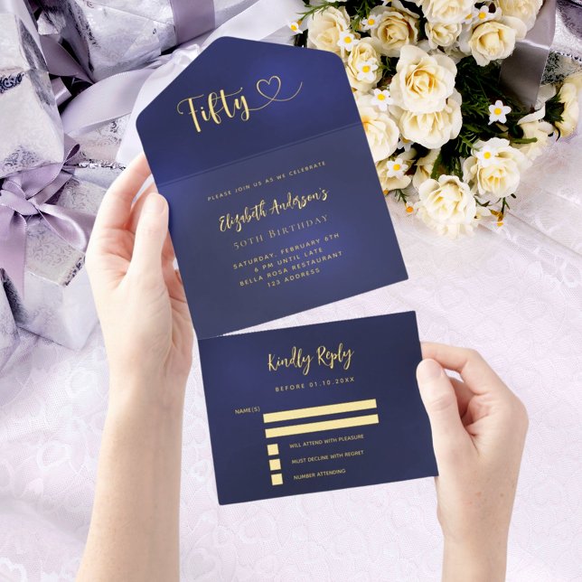 50th Birthday navy blue gold rsvp All In One Invitation (Creator Uploaded)