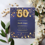 50th birthday navy blue gold stars invitation<br><div class="desc">A modern,  stylish invitation for a 50th birthday.  A navy blue background,  decorated with golden stars. The blue colour is uneven. Personalise and add your name and party details.  

1 sheet = 1 invitation printed edge to edge.</div>