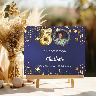 50th Birthday navy blue gold stars photo Guest Book