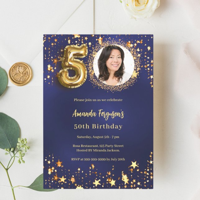 50th birthday navy blue gold stars photo luxury invitation (Creator Uploaded)