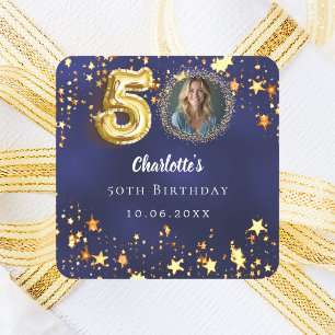 50th birthday navy blue gold stars photo square sticker