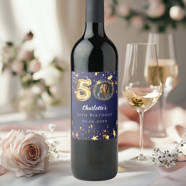 50th birthday navy blue gold stars photo wine label (Creator Uploaded)