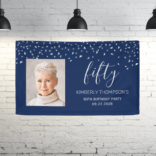 50th Birthday Navy Blue Silver Confetti Photo Banner