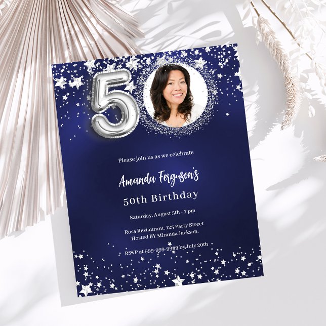 50th birthday navy blue silver photo invitation (Creator Uploaded)
