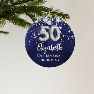 50th birthday navy blue silver stars ceramic tree decoration