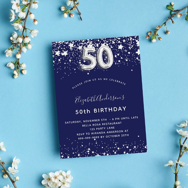 50th birthday navy blue silver stars luxury invitation (Creator Uploaded)