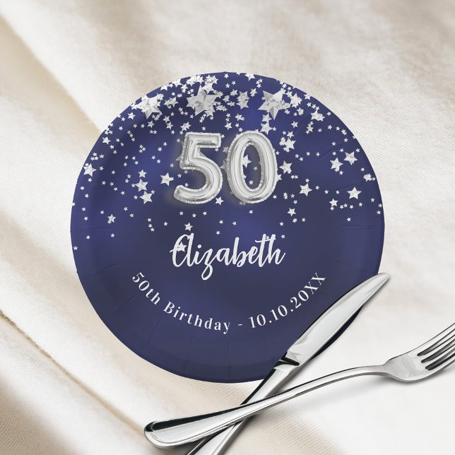 50th Birthday navy blue silver stars Paper Plate (Creator Uploaded)
