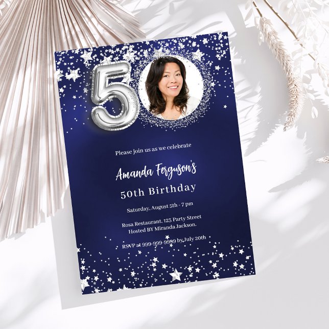50th birthday navy blue silver stars photo luxury invitation (Creator Uploaded)