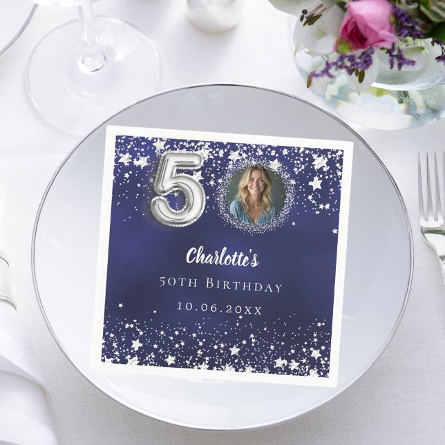 50th birthday navy blue silver stars photo napkin (Creator Uploaded)