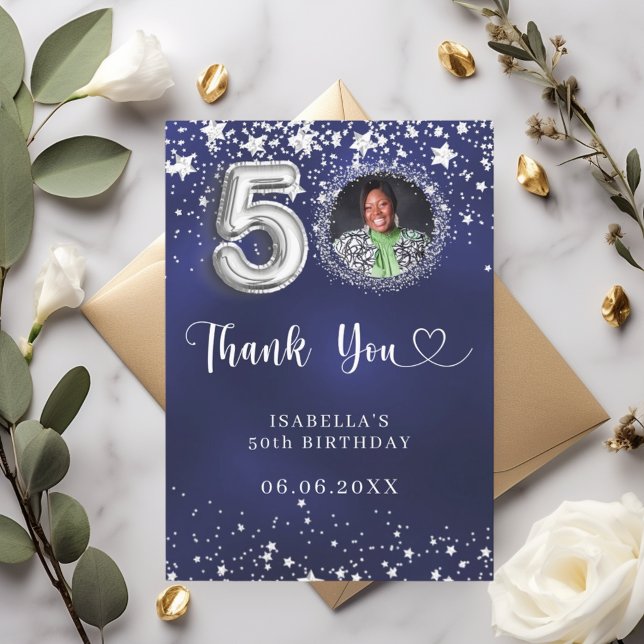 50th birthday navy blue silver stars photo thank you card (Creator Uploaded)