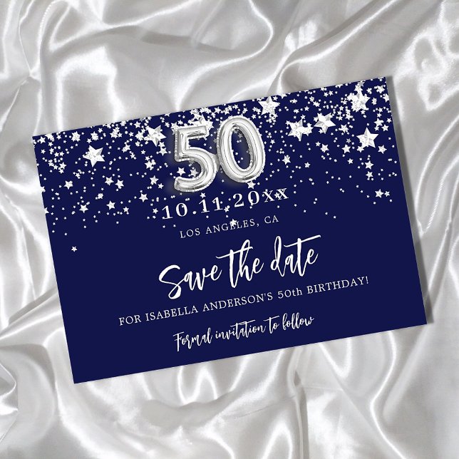 50th birthday navy blue silver stars save the date (Creator Uploaded)