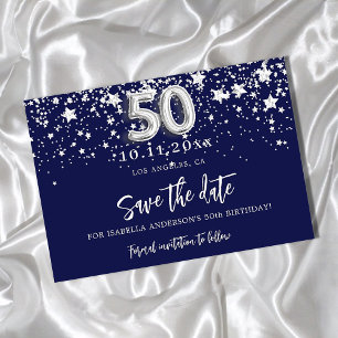 50th birthday navy blue silver stars save the date announcement postcard