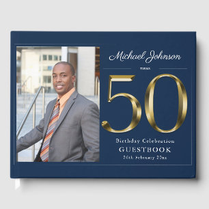 50th Birthday Navy Blue Solid Gold Custom Photo  Guest Book