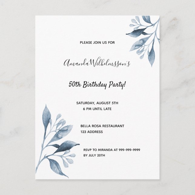 50th birthday navy blue white botanical invitation postcard (Front)