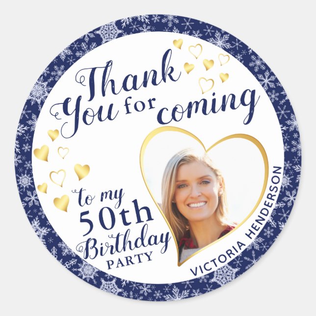  50th Birthday Navy Blue White Winter Thank You Classic Round Sticker (Front)