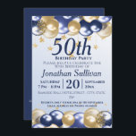 50th Birthday Navy Gold Balloons Party Invitation<br><div class="desc">A stylish 50th birthday Party Invitation . Design features navy blue and gold balloons, Gold glittery starts and navy blue text all on a pale blue gradient background. A lovely design inviting your guests to join you for a 50th birthday party celebration. Easy to customise with your own party details....</div>