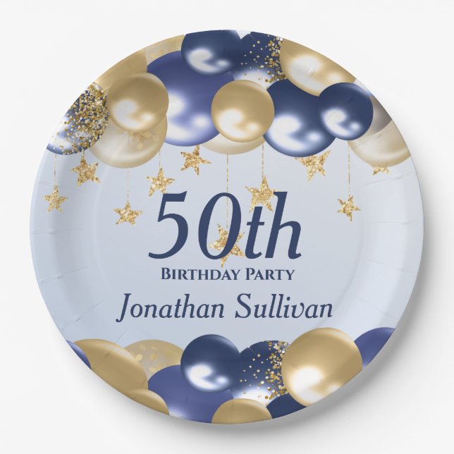 50th Birthday Navy Gold Balloons Party Paper Plate (Front)