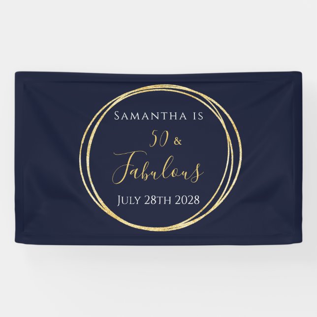 50th Birthday Navy Gold Birthday Party Banner (Horizontal)