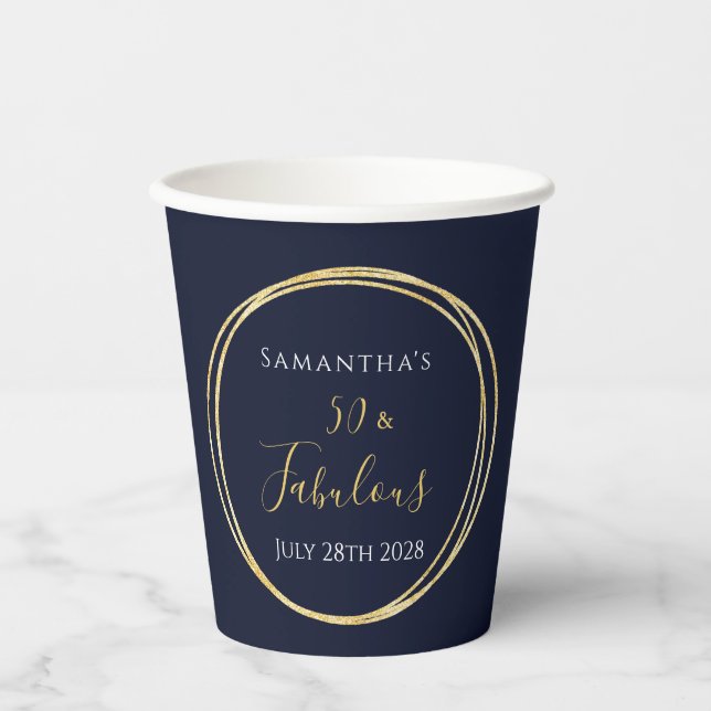 50th Birthday Navy Gold Birthday Party Paper Cups (Front)