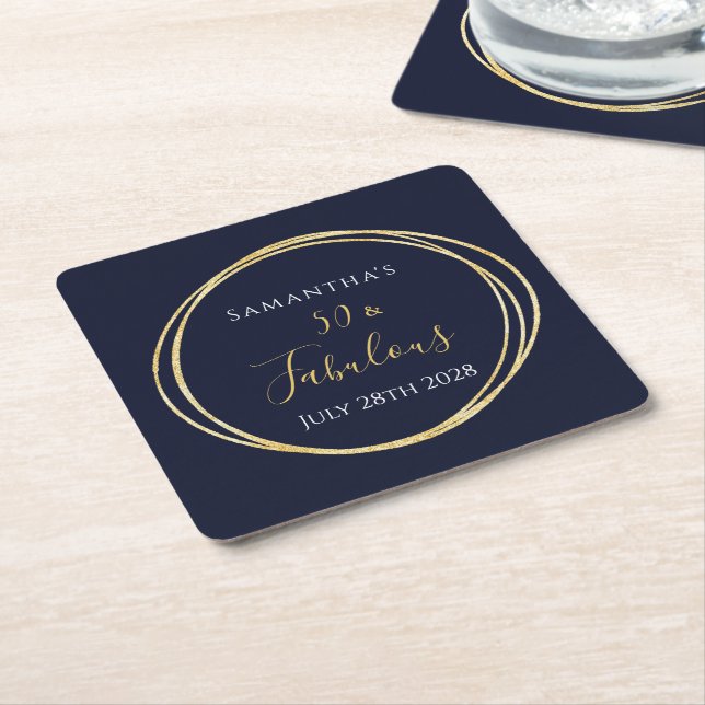 50th Birthday Navy Gold Birthday Party Square Paper Coaster (Angled)