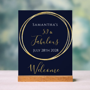 50th Birthday Navy Gold Birthday Party Welcome Acrylic Sign