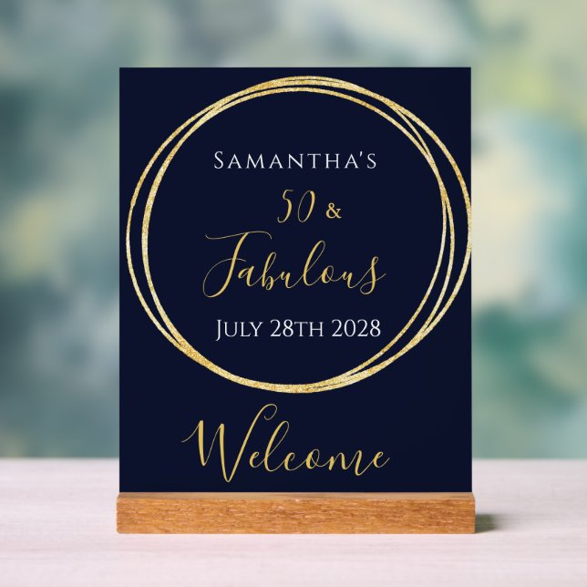 50th Birthday Navy Gold Birthday Party Welcome Acrylic Sign (Neutral)