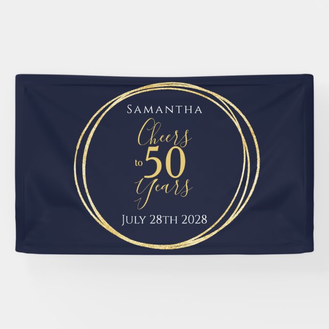 50th Birthday Navy Gold Cheers to 50 Years Party Banner (Horizontal)