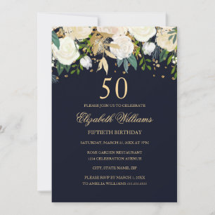 50th Birthday Navy Gold Floral Invitation