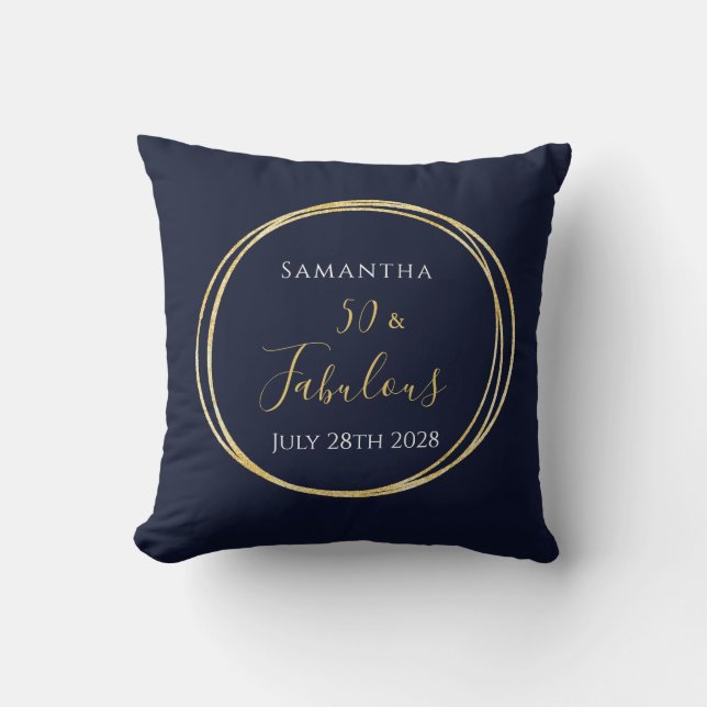 50th Birthday Navy Gold Personalised Cushion (Front)