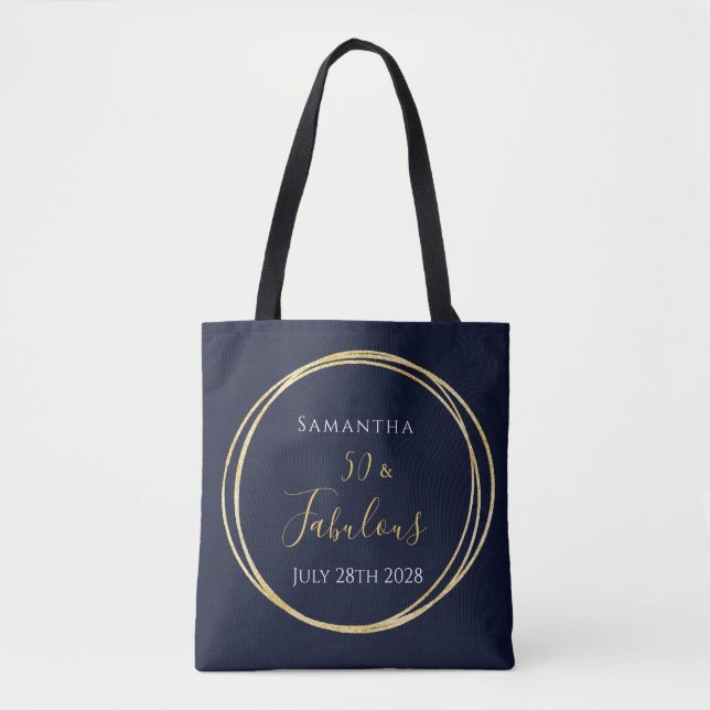 50th Birthday Navy Gold Personalised Tote Bag (Front)