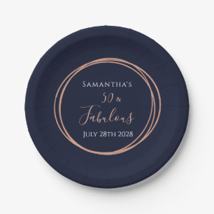 50th Birthday Navy Rose Gold Birthday Party Paper Plate