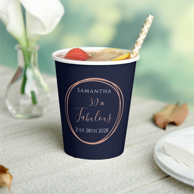 50th Birthday Navy Rose Gold Personalised Party Paper Cups (Insitu)