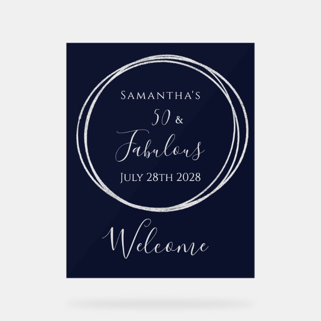 50th Birthday Navy Silver Birthday Welcome Acrylic Sign (Front)