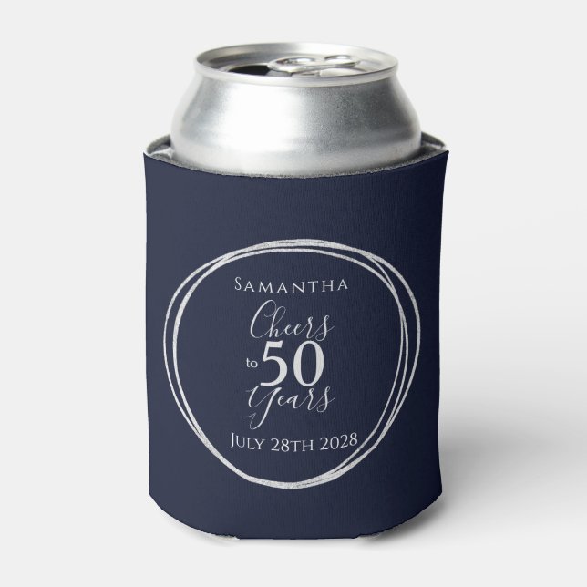 50th Birthday Navy Silver Cheers to 50 Years Can Cooler (Can Front)