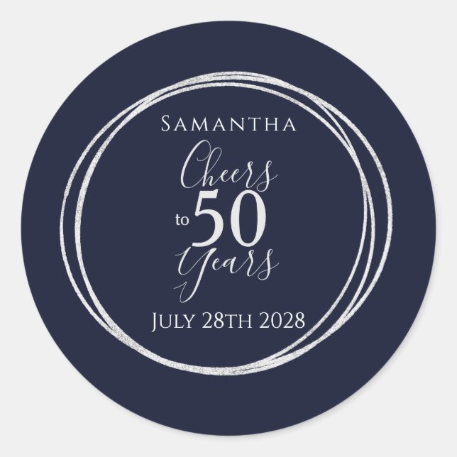 50th Birthday Navy Silver Cheers to 50 Years Classic Round Sticker (Front)