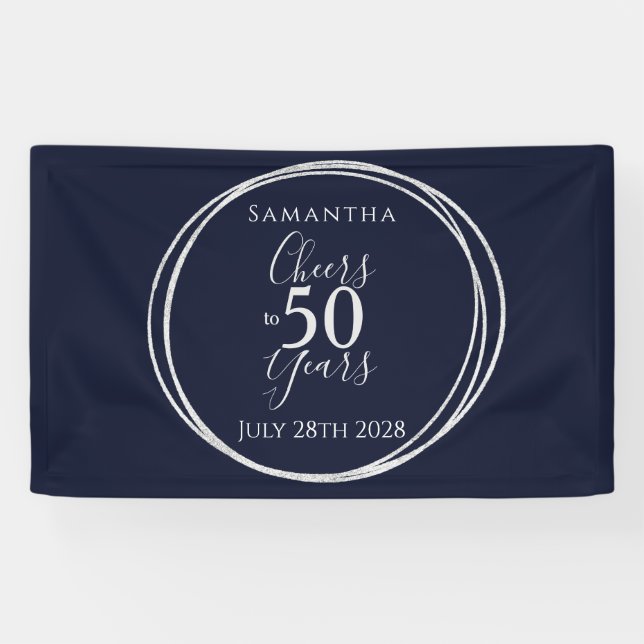50th Birthday Navy Silver Cheers to 50 Years Party Banner (Horizontal)