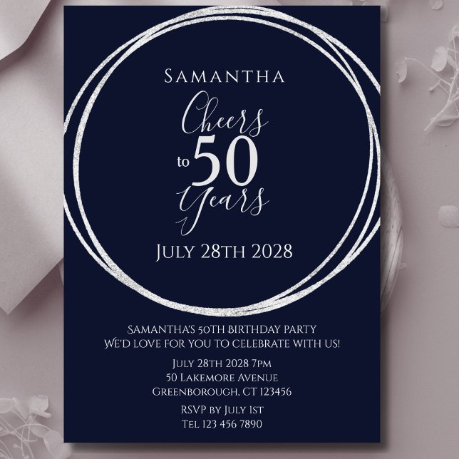 50th Birthday Navy Silver Cheers to 50 Years Party Invitation (Creator Uploaded)