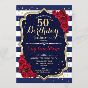 50th Birthday - Navy White Stripes and Red Roses Invitation