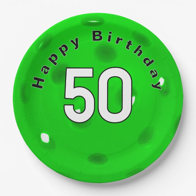 50th Birthday Neon Green Pickleball Paper Plate (Front)