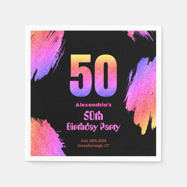 50th birthday neon pink glitter party napkin (Front)