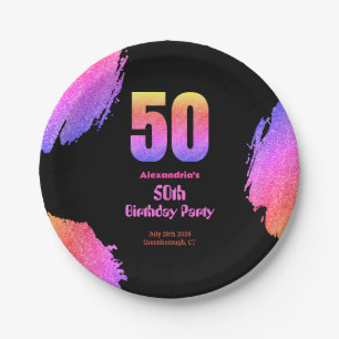 50th birthday neon pink glitter party paper plate