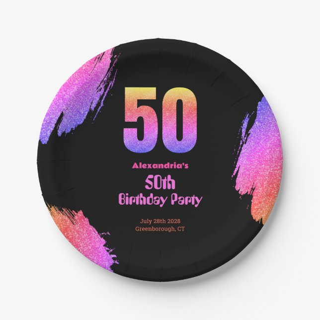 50th birthday neon pink glitter party paper plate (Front)