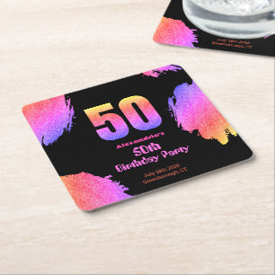 50th birthday neon pink glitter party square paper coaster