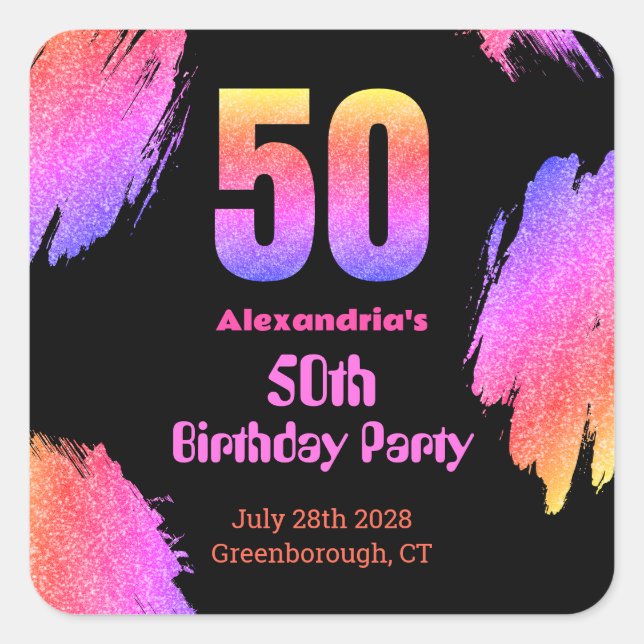 50th birthday neon pink glitter party square sticker (Front)