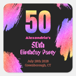 50th birthday neon pink glitter party square sticker